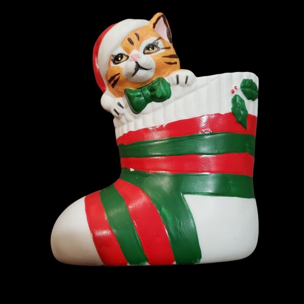 Vintage JSNY Christmas Orange Tabby Cat Santa Boot Porcelain‎ Planter